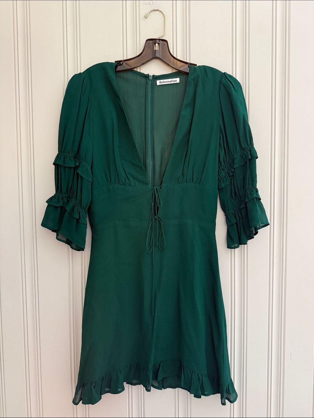 Reformation Emerald Green Ruffle-Sleeve Mini Dress